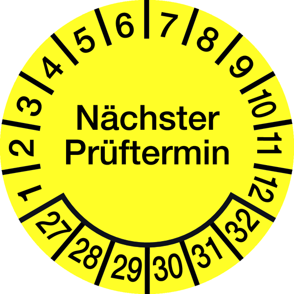 Prüfplakette, Nächster Prüftermin, Dokumentenfolie, gelb/schwarz, Ø 15 mm - Bogen = 10 Plaketten