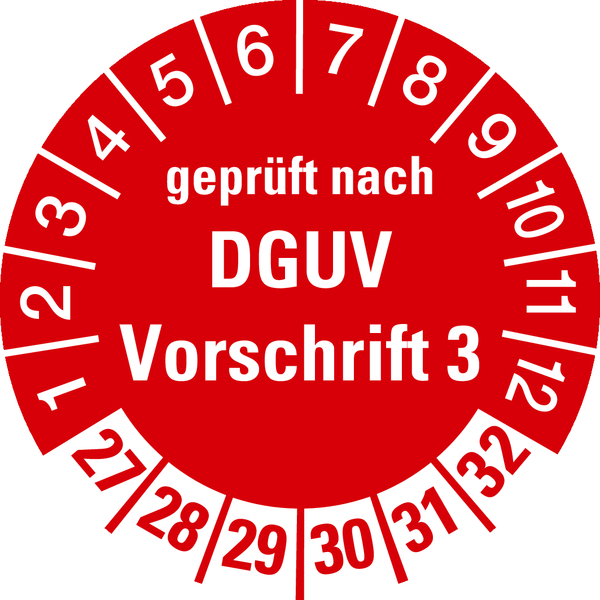 Prüfplakette, geprüft nach DGUV Vorschrift 3, rot/weiß, Ø 30 mm - Spenderbox à 500 Stück