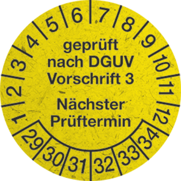 Prüfplakette, DGUV V3 Nächster Prüftermin, Graspapier, Jahresfarben, Ø 30 mm - Bogen = 10 Plaketten