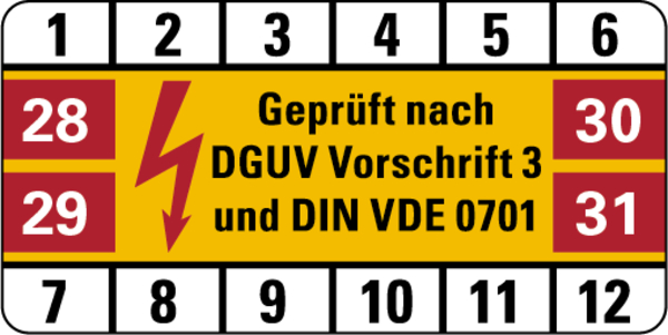 Prüfplakette, DGUV Vorschrift 3 & DIN VDE 0701, Folie, 25 x 50 mm - Bogen = 10 Plaketten