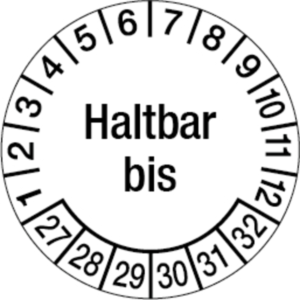 Prüfplakette, Haltbar bis, Ø 30 mm, Dokumentenfolie - Bogen = 10 Stück