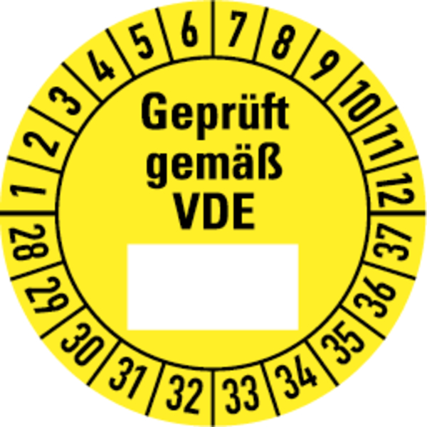 Prüfplakette, Geprüft gemäß VDE (Freifeld), gelb/schwarz, Folie, Ø 30 mm - Bogen = 10 Plaketten