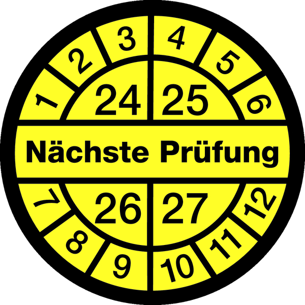 Prüfplakette, Nächste Prüfung, schwarz/gelb, Dokumentenfolie, Ø 12,5/30 mm - Bogen = 10 Plaketten