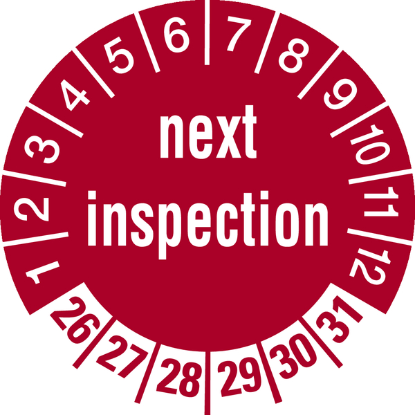 Prüfplakette, next inspection, rot/weiß, Folie, Ø 30 mm - Bogen = 10 Plaketten