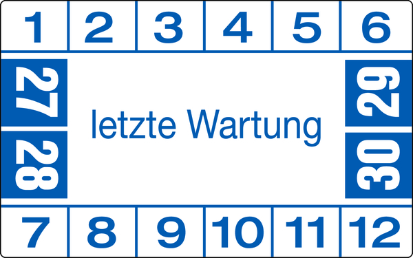 Prüfplakette, letzte Wartung, blau/weiß, Folie, 25 x 40 mm - Bogen = 10 Plaketten