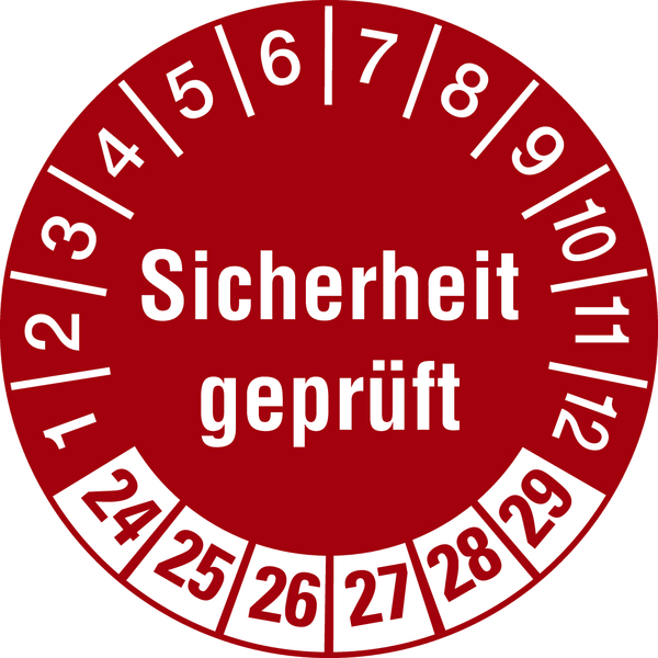 Prüfplakette, Sicherheit geprüft, Rot/Weiß, Folie, Ø 30 mm - Bogen = 10 Plaketten