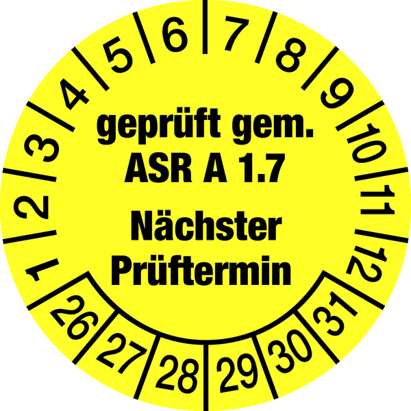 Prüfplakette, ASR A1.7 Nächster Prüftermin, gelb/schwarz, Folie, Ø 30 mm - Bogen = 10 Plaketten