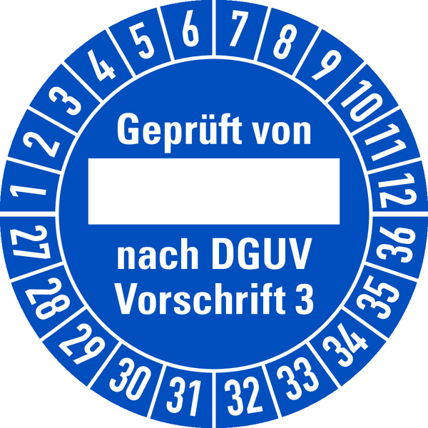 Prüfplakette, Geprüft von _____ nach DGUV Vorschrift 3, blau/weiß, Ø 30mm - Bogen = 10 Plaketten