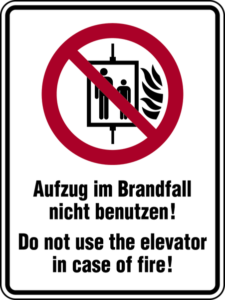 Kombischild, Aufzug im Brandfall nicht benutzen, Deutsch/Englisch - DIN EN ISO 7010