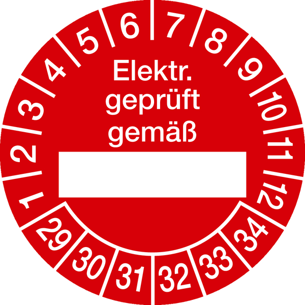 Prüfplakette, Elektr. geprüft gemäß (Freifeld), rot/weiß, Folie, Ø 30 mm - Bogen = 10 Plaketten