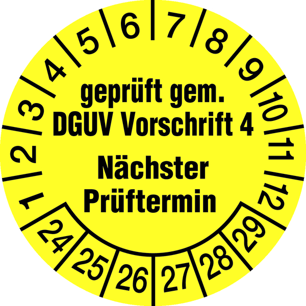 Prüfplakette, DGUV Vorschrift 4 Nächster Prüftermin, gelb/schwarz, Folie, Ø 30mm - Bogen = 10 Stk.
