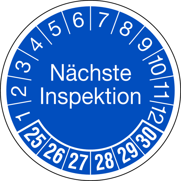 Prüfplakette, Nächste Inspektion, blau/weiß, Folie, Ø 30 mm - Bogen = 10 Plaketten