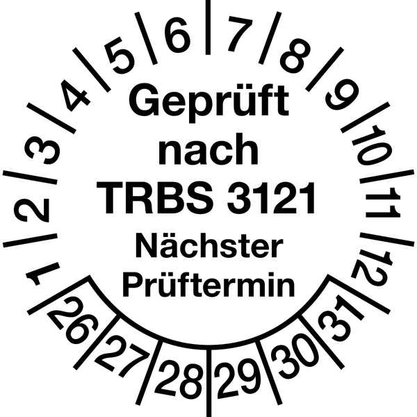 Prüfplakette, TRBS 3121 Nächster Prüftermin, Jahresfarben, Folie, Ø 30 mm - Bogen = 10 Plaketten