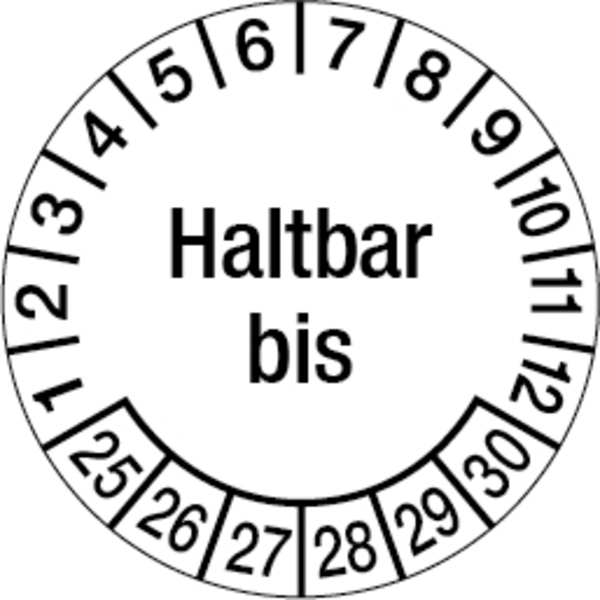 Prüfplakette, Haltbar bis, Ø 30 mm, Dokumentenfolie - Bogen = 10 Stück