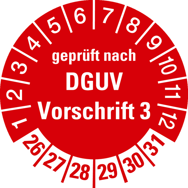 Prüfplakette, geprüft nach DGUV Vorschrift 3, rot/weiß, Ø 30 mm - Spenderbox à 500 Stück