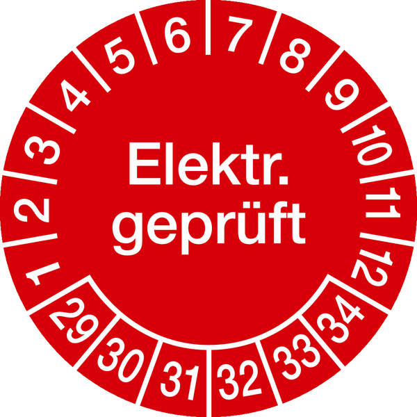 Prüfplakette, Elektr. geprüft, rot/weiß, Ø 30 mm, Folie - Bogen = 10 Plaketten