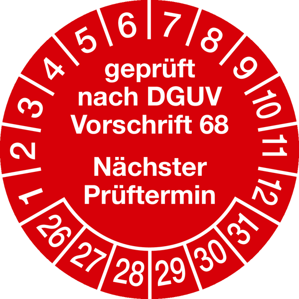 Prüfplakette, DGUV Vorschrift 68 Nächster Prüftermin, rot/weiß, Folie, Ø 30 mm - Bogen = 10 Stk.