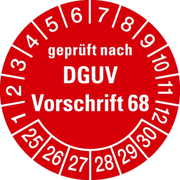 Prüfplaketten, geprüft nach DGUV Vorschrift 68, rot/weiß, Folie, Ø 30mm - Bogen = 10 Plaketten