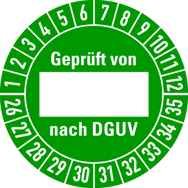 Prüfplakette, Geprüft von (Freifeld) nach DGUV, grün/weiß, Folie, Ø 30 mm - Bogen = 10 Plaketten