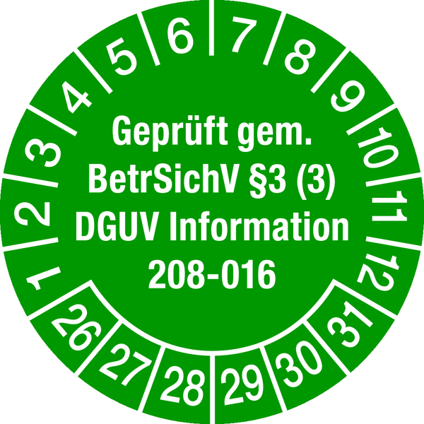 Prüfplakette, Geprüft gem. BetrSichV § 3 (3) DGUV Information 208-016 Ø 30mm - Bogen = 10 Plaketten