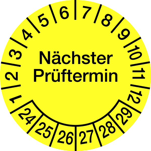 Prüfplakette, Nächster Prüftermin, Dokumentenfolie, gelb/schwarz, Ø 30 mm - Bogen = 10 Plaketten