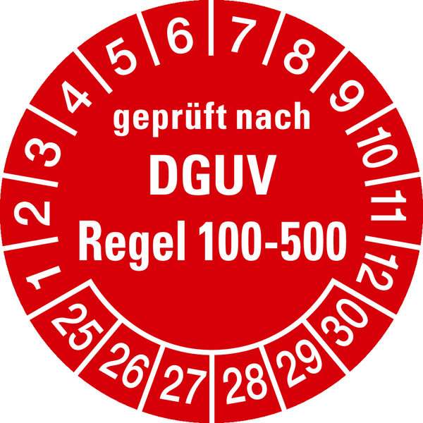 Prüfplakette, DGUV Regel 100-500, rot/weiß, Folie, Ø 30 mm - Bogen = 10 Plaketten