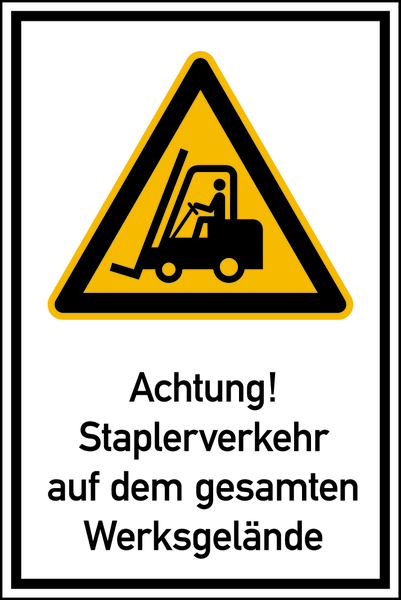 Hinweisschild, Achtung! Staplerverkehr auf dem gesamten Werksgelände, 900 x 600 mm, Aluverbund