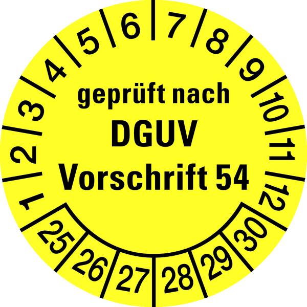 Prüfplakette, geprüft nach DGUV Vorschrift 54, gelb/schwarz, Folie, Ø 30mm - Bogen = 10 Plaketten