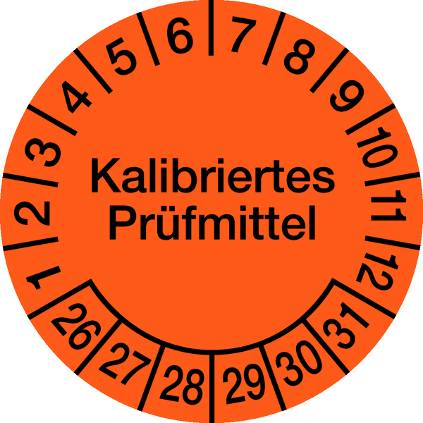 Prüfplakette, Kalibriertes Prüfmittel, Orange/Schwarz, Folie, Ø 30´mm - Bogen = 10 Plaketten