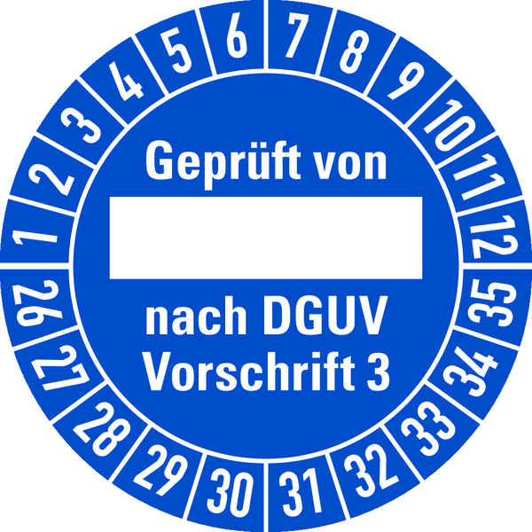 Prüfplakette, Geprüft von _____ nach DGUV Vorschrift 3, blau/weiß, Ø 30mm - Bogen = 10 Plaketten