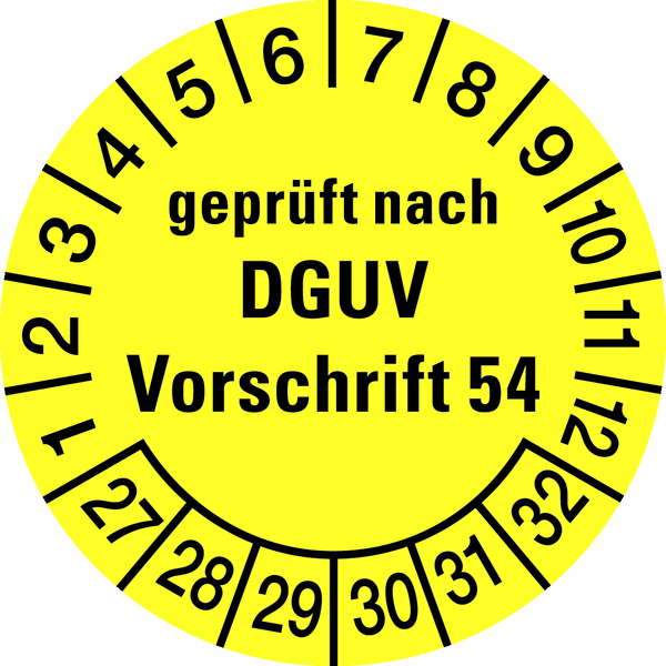 Prüfplakette, geprüft nach DGUV Vorschrift 54, gelb/schwarz, Folie, Ø 30mm - Bogen = 10 Plaketten