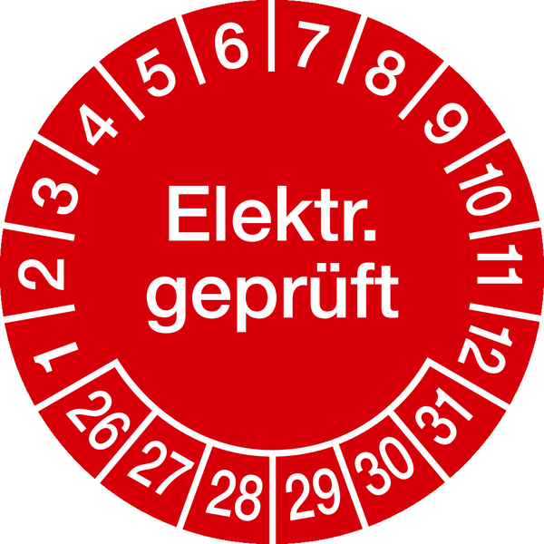 Prüfplakette, Elektr. geprüft, rot/weiß, Folie, Ø 30 mm - Spenderbox à 500 Stück