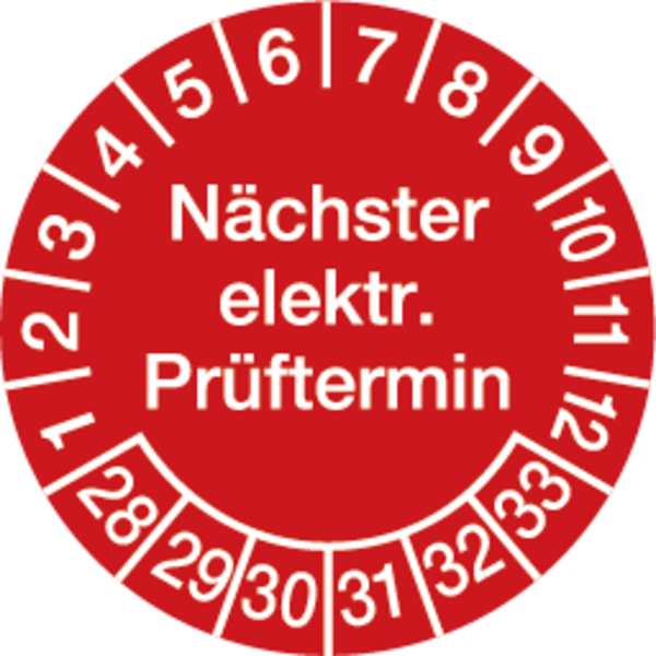 Prüfplakette, Nächster elektr. Prüftermin, rot/weiß, Folie, Ø 30 mm - Bogen = 10 Plaketten