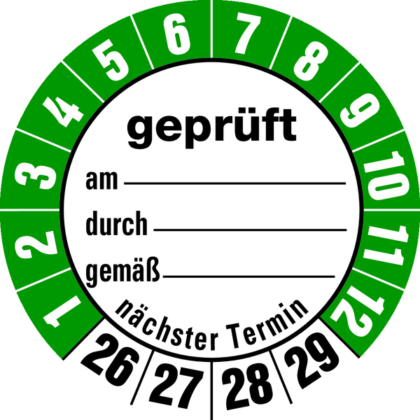 Prüfplakette, geprüft am_ durch_ gemäß_ nächster Termin, Folie, Ø 35 mm - Bogen = 10 Plaketten