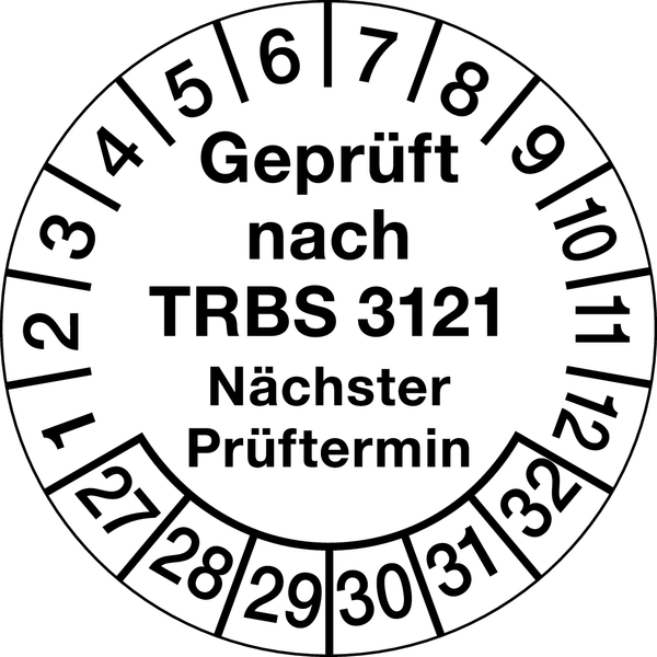 Prüfplakette, TRBS 3121 Nächster Prüftermin, Jahresfarben, Folie, Ø 30 mm - Bogen = 10 Plaketten