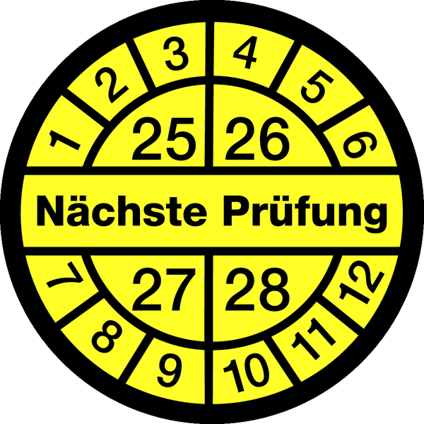 Prüfplakette, Nächste Prüfung, schwarz/gelb, Dokumentenfolie, Ø 12,5/30 mm - Bogen = 10 Plaketten