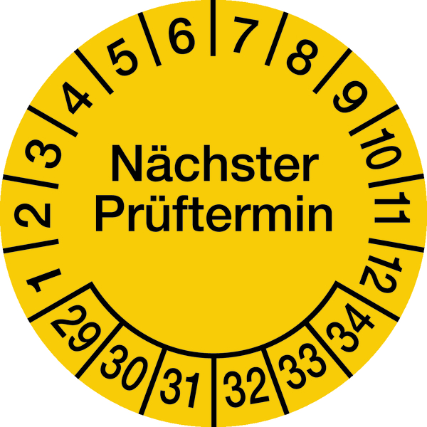 Prüfplakette, Nächster Prüftermin, Dokumentenfolie, gelb/schwarz, Ø 30 mm - Bogen = 10 Plaketten