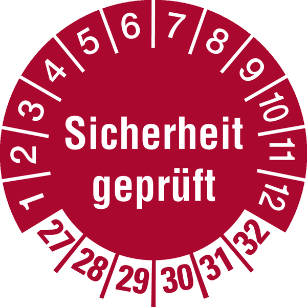 Prüfplakette, Sicherheit geprüft, Rot/Weiß, Folie, Ø 30 mm - Bogen = 10 Plaketten