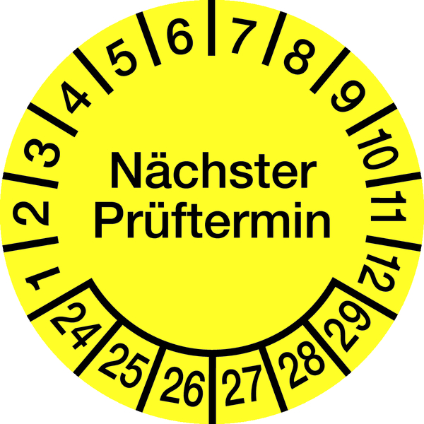 Prüfplakette, Nächster Prüftermin, Folie, gelb/schwarz, Ø 15 mm - Bogen = 10 Plaketten