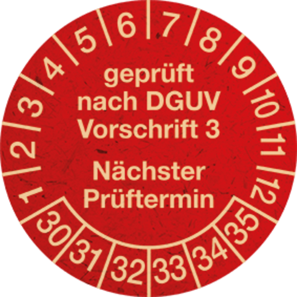 Prüfplakette, DGUV V3 Nächster Prüftermin, Graspapier, Jahresfarben, Ø 30 mm - Bogen = 10 Plaketten