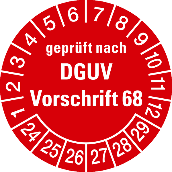 Prüfplakette, DGUV Vorschrift 68 Nächster Prüftermin, rot/weiß, Folie, Ø 30 mm - Bogen = 10 Stk.