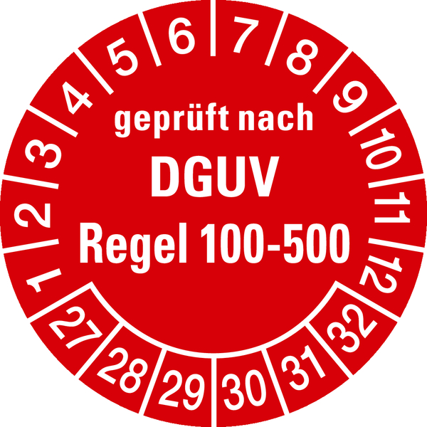 Prüfplakette, DGUV Regel 100-500, rot/weiß, Folie, Ø 30 mm - Bogen = 10 Plaketten