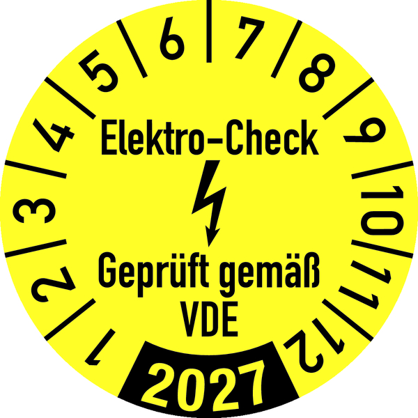 Jahresprüfplakette, Elektro-Check Geprüft gem. VDE, gelb/schwarz, Folie, Ø 30 mm - Bogen = 10 Stk.