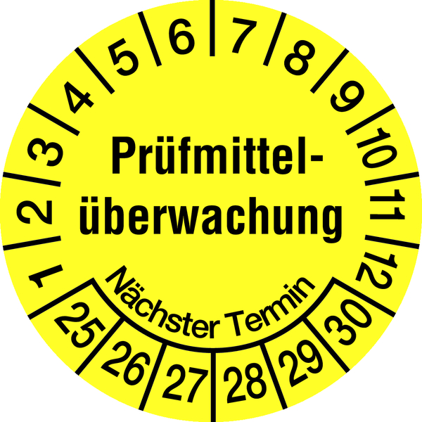 Prüfplakette, Prüfmittelüberwachung Nächster Termin, gelb/schwarz, Folie, Ø 20mm - Bogen = 10 Stk.