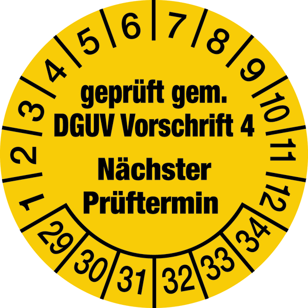 Prüfplakette, DGUV Vorschrift 4 Nächster Prüftermin, gelb/schwarz, Folie, Ø 30mm - Bogen = 10 Stk.