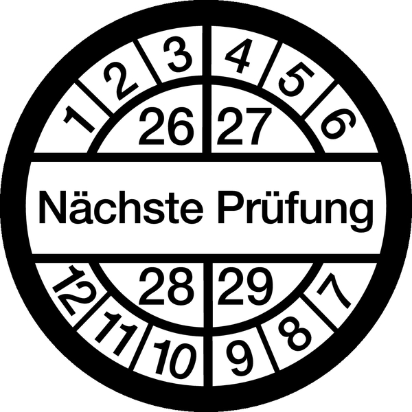 Prüfplakette, Nächste Prüfung, weiß/schwarz, Ø 16 mm - Bogen = 10 Plaketten