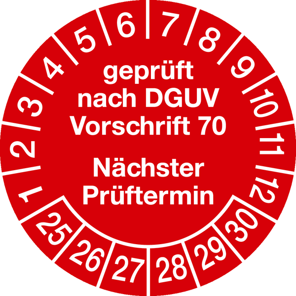 Prüfplaketten, DGUV Vorschrift 70 Nächster Prüftermin, rot/weiß, Folie, Ø 30 mm - Bogen = 10 Stk.