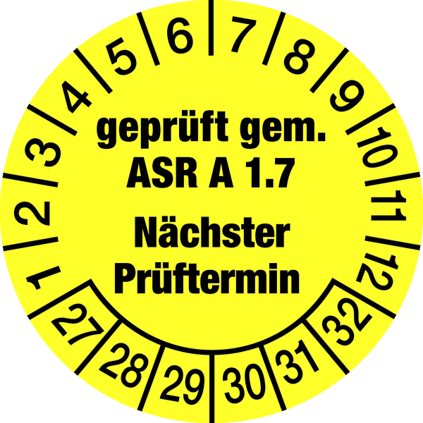 Prüfplakette, ASR A1.7 Nächster Prüftermin, gelb/schwarz, Folie, Ø 30 mm - Bogen = 10 Plaketten