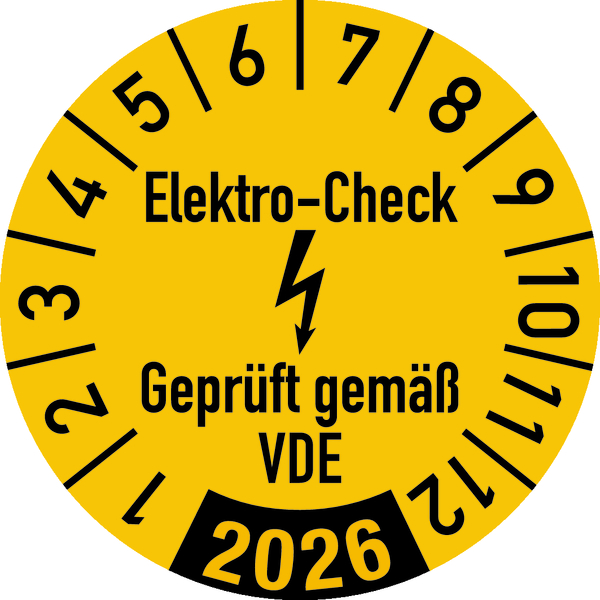 Jahresprüfplakette, Elektro-Check Geprüft gem. VDE, gelb/schwarz, Folie, Ø 30 mm - Bogen = 10 Stk.