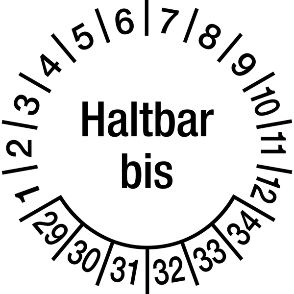 Prüfplakette, Haltbar bis, Ø 30 mm, Dokumentenfolie - Bogen = 10 Stück